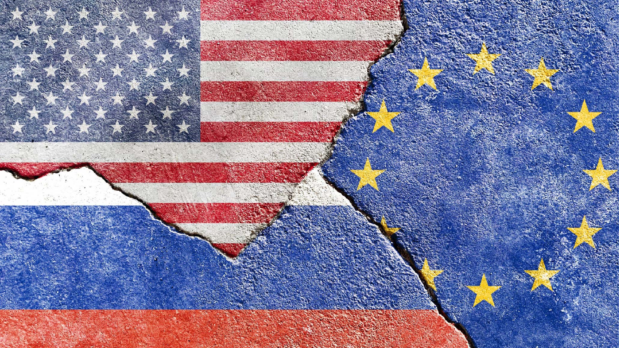 Faded US (United States) VS Russia VS EU (European Union) flags isolated on cracked wall background, abstract USA Russia Europe politics partnership relationship conflicts concept